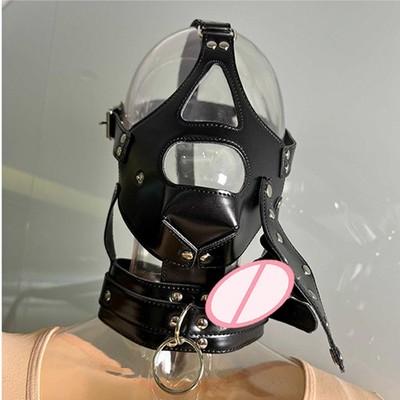 PU Leder Bondage Kopf Kapuze Maske mit Plug  Kopf Harness Mund Gag SM Mundknebel