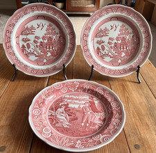 Spode Archive Collection Plates Cranberry Red - Willow” & "Woodman" Set of 3