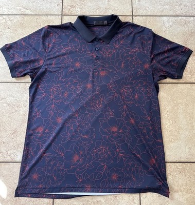 G Fore Polo Shirt Mens Large Navy Blue Red Floral Print Golf Performance Stretch