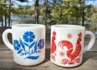 2 Vtg 1950s Hazel Atlas  Mug Cups Milk Glass Red Rooster/Blue Corn Flowers 8 oz