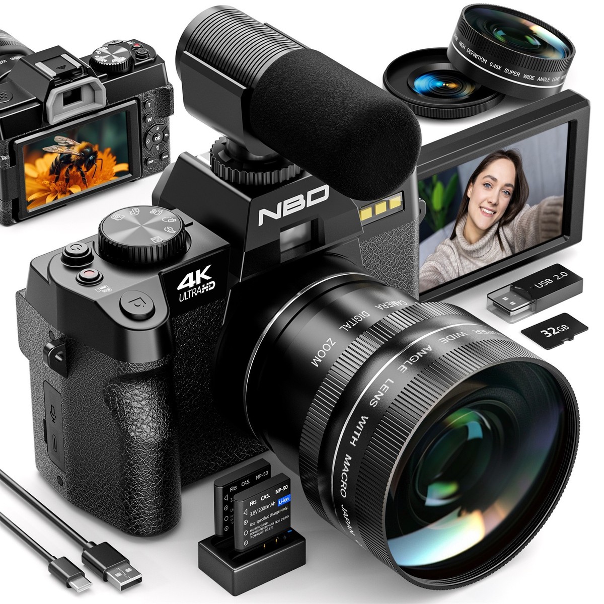 4K Digital Camera 48MP 16X Vlogging Camera YouTube Camcorder w