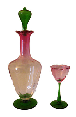 Rare Meyr's Neffe Green and Pink Decanter with Flower Form Wine Glass