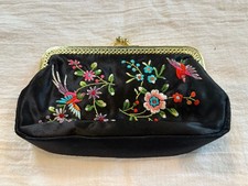 Vintage Black Multi-Color Embroidered Floral Fabric Clutch Gold Metal Clasp