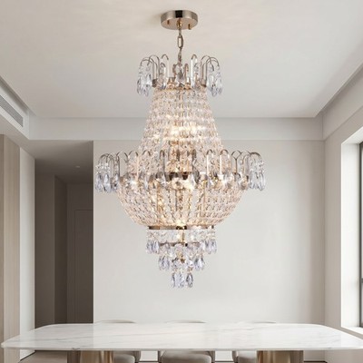 17'' French Gold Crystal Chandelier Luxury LED Pendant 7 Light Kitchen Fixture