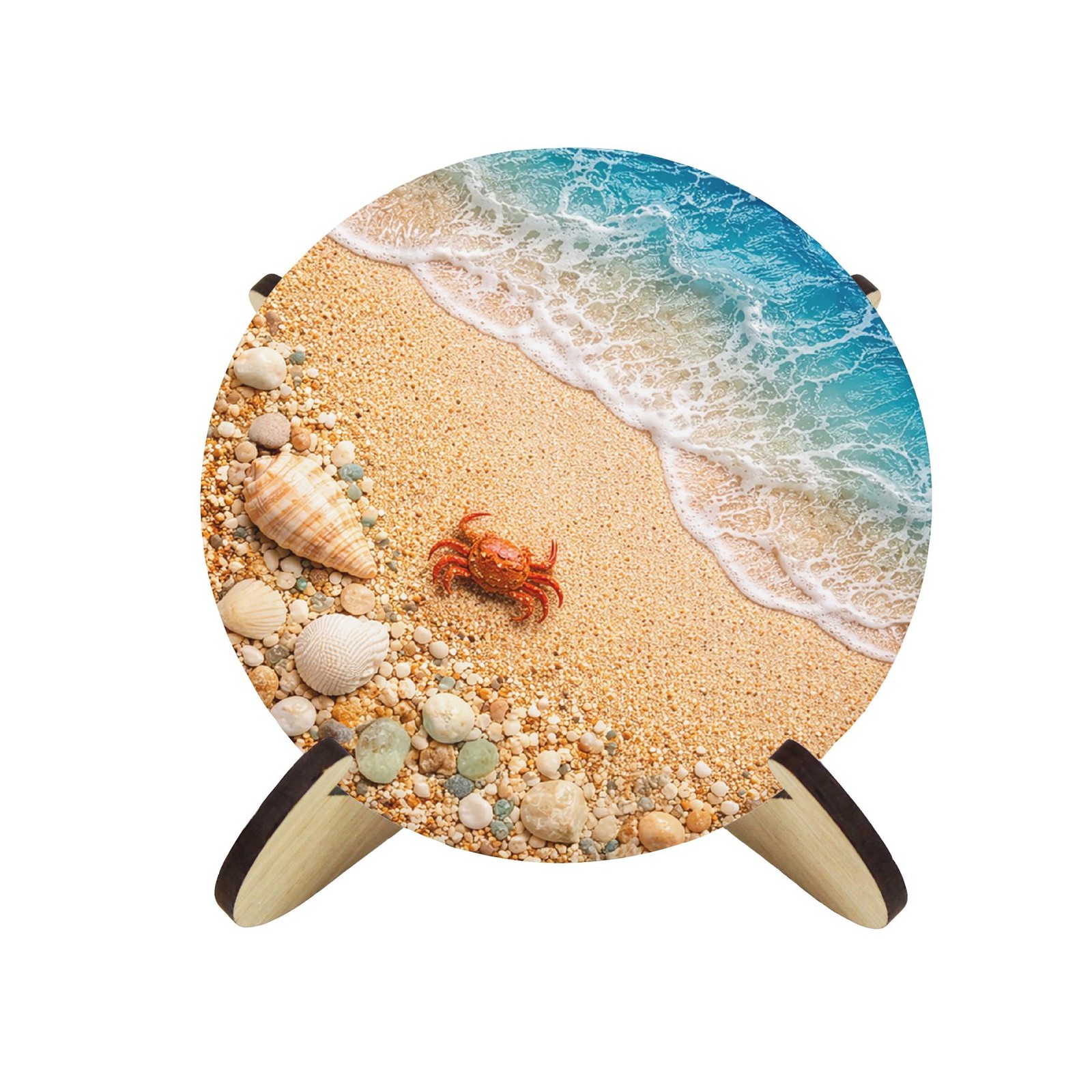 Beach Shoreline Ceramic Coaster Set - Round Tableware Seaside Gift, 4pk & Stand