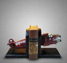 Bellaa Vtg Airplane Bookends - Red Industrial Rustic Aircraft Decor, Non-Skid