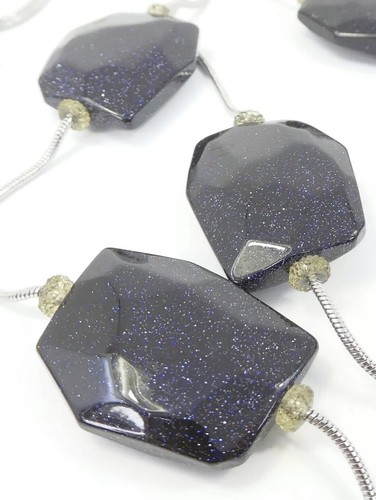 Signed CHICO'S Black w/Glittery Blue & Silver Goldstone 2-Strand Necklace 39" - Picture 2 of 5