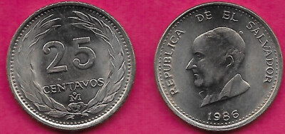 EL SALVADOR 25 CENTAVOS 1986 UNC 1 YEAR TYPE,JOSE MATIAS DELGADO BUST LEFT,WITH