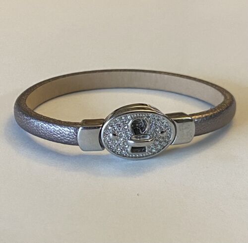 Stunning Designer Signed Fossil Silver Leather Band Rhinestone Lock Bracelet  - Picture 1 of 9