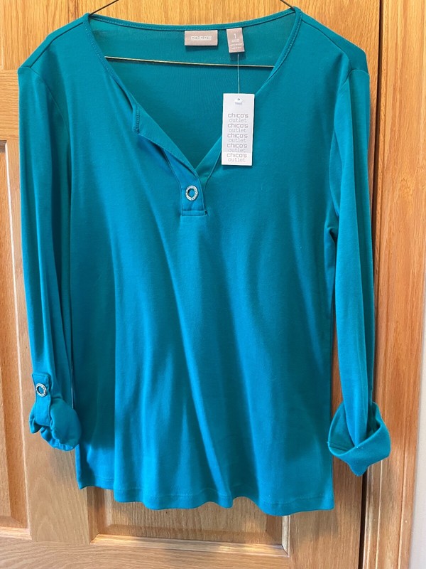 CHICOS 3/4 SLEEVE TEAL TOP - SZ 1 - NWT - Retail $69