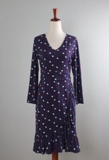 TALBOTS $139 Navy Slinky Stretch Floral Polka Dot Shirred Ruffle Dress Size 4