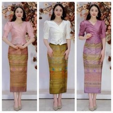 Thai Set Traditional Dress Skirt Wedding Silk Vintage Gown Blouse Button Pleat