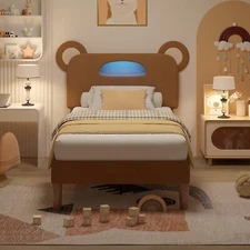 LED Twin Size Bed Frame Velvet Upholstered Headboard Brown Platform for Kid Cute