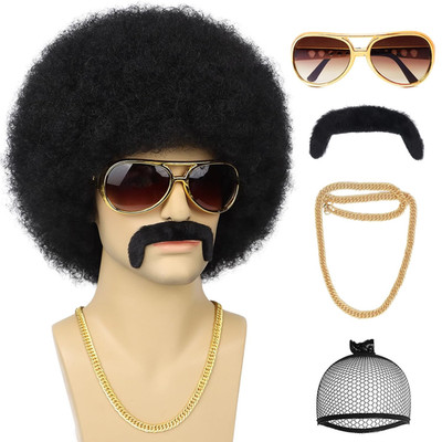 70s Mens Afro Wig Set Disco Costume Black Curly Wig Glasses Mustache Retro 80s