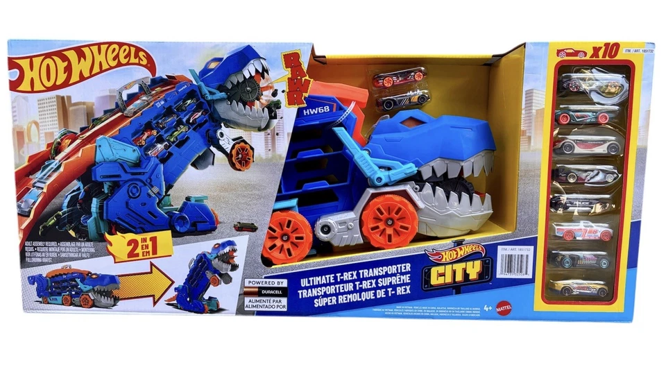 Hot Wheels City Toy Car Track Set, Ultimate T-Rex Transporter, Hauler Transforms - Image 2 of 4