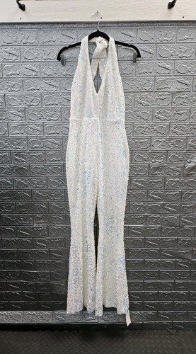 New Show Me Your Mumu Studio Halter Jumpsuit White Sparkle Sequins Sz M