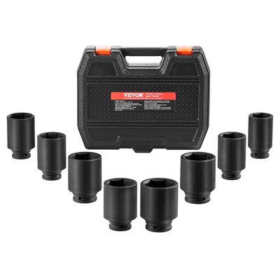 VEVOR Axle Nut Impact Socket Set 1/2'' Drive Deep 6-Point 8PCS SAE Nut Socket
