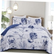 Quilt Set King Coastal Beach Theme Quilt Coverlet King 90"x 104" Navy Blue