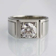 3.10 Ct Round Cut Moissanite Men's Wedding Ring 14K White Gold Finish