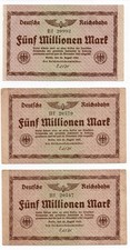 Banknote Deutsche Reichsbahn 5 Millionen Mark 1923  3 Stück