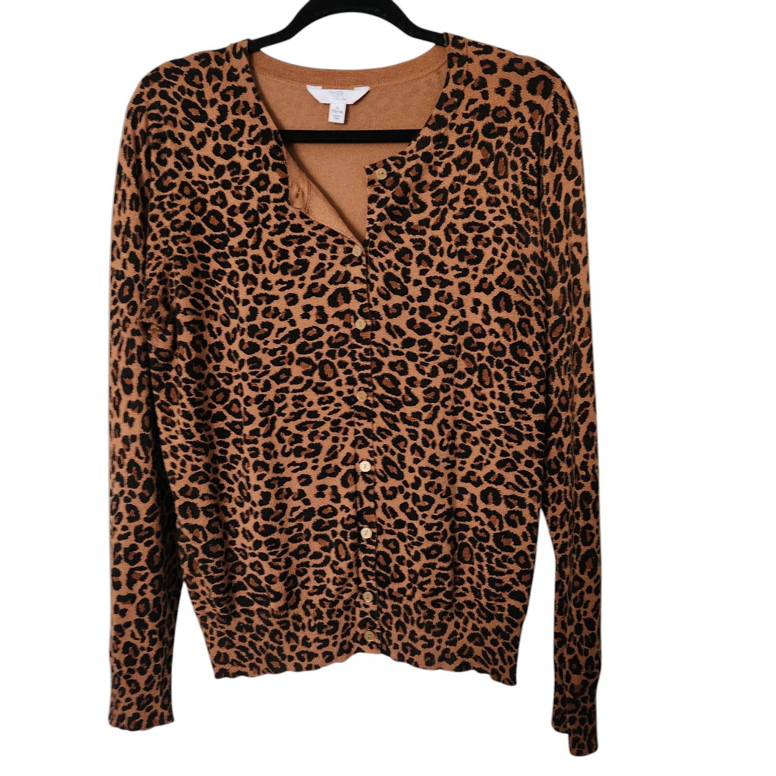 Time and Tru Womens Leopard Print Button Front Knit Sweater Size L