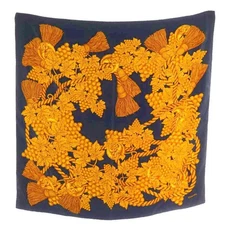CHANEL Silk Grape Pattern Scarf Navy Gold Tassel Coco Mark Logo Used From Japan