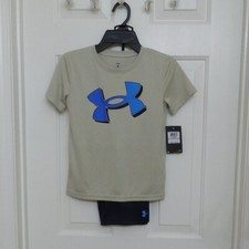 NWT 2pc Under Armour Beige Blue Logo Shirt Shorts Set sz 4 5 6 or 7