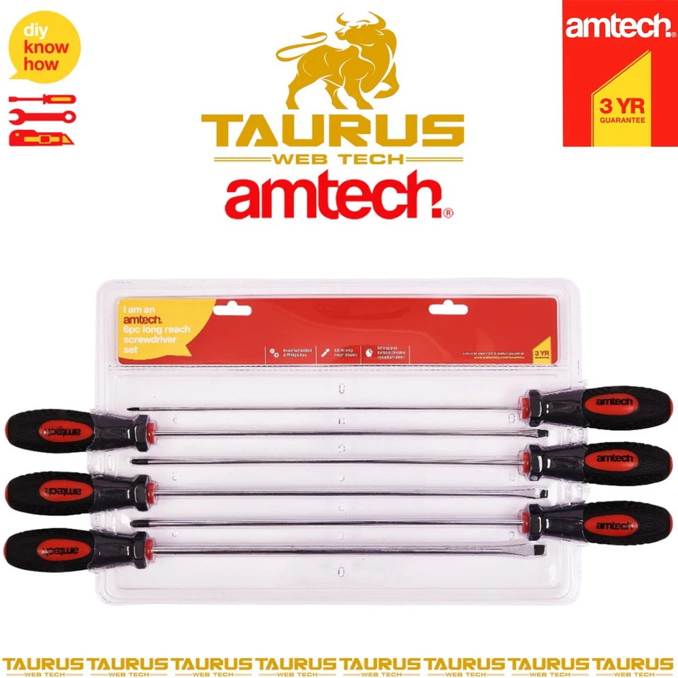 6x AMTECH Long Reach Screwdriver Set Phillips Slotted DIY Workshop Hand Tools UK - Image 3 of 4