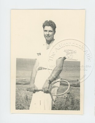 Vintage Photo Handsome Dipple Faced Tennis Player Poses With Raquet 1950s