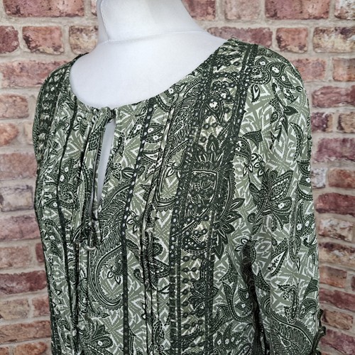 Next Dress Green Paisley Floral UK 14 3/4 Sleeve Gathered Waist Flare - Picture 9 of 14