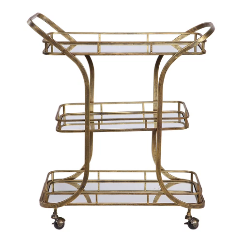 Retro Mid Century Tiered Gold Serving Bar Cart | Mirrored Shelves Rolling Wheels - Picture 1 of 7