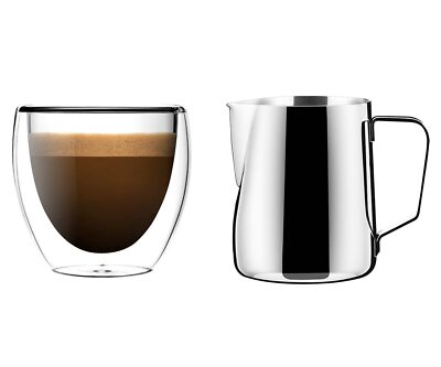 Lafeeca Espresso Cup Milk Frother Pitcher 2 in 1 Combo Set - Double Wall Shot...