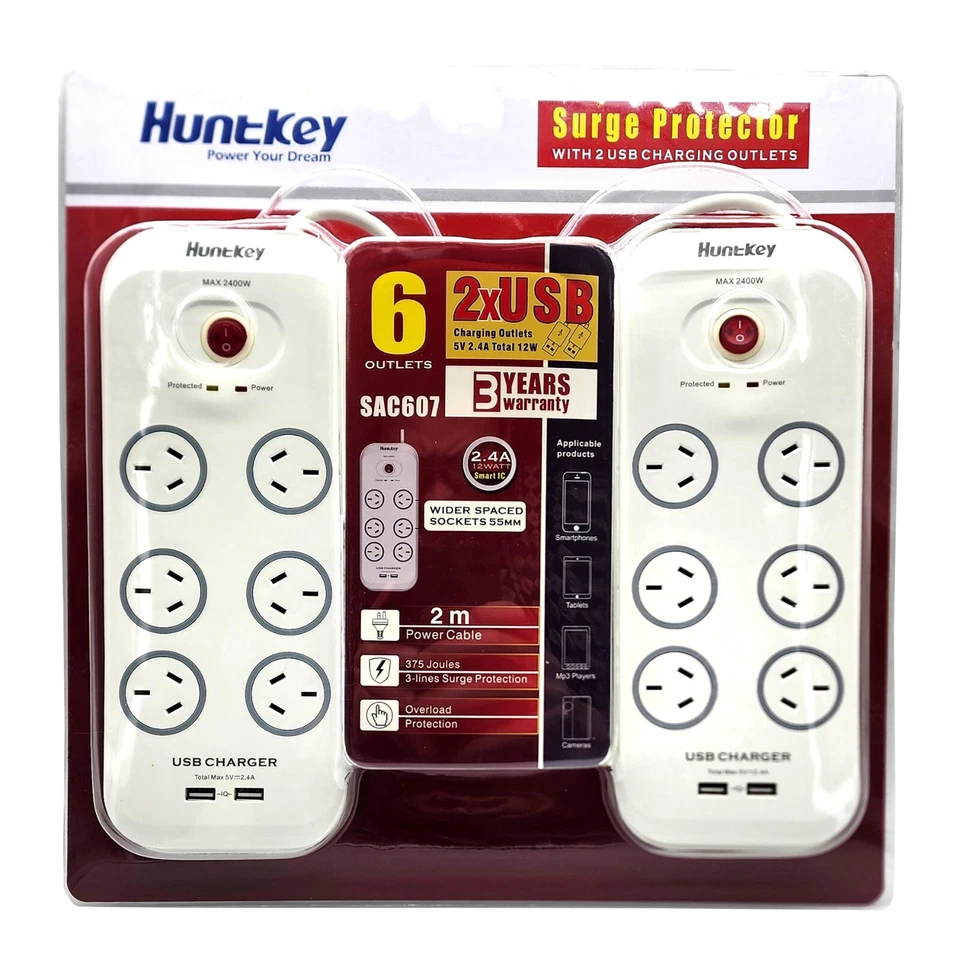 Huntkey 6 Outlets 2 USB Surge Protector Powerboard 2.1A 10w Copper Bar 2m x 2pk - Image 2 of 4