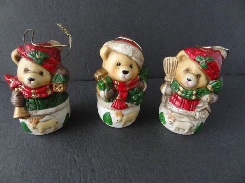 Set of 3 Holiday Ceramic Bears Christmas Tree Hanging Ornaments. - Picture 8 of 11