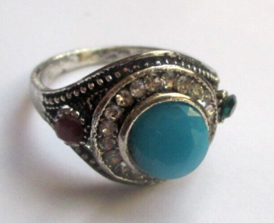 Bague Vintage Argent Rhodié Avec Perle Turquoise Et Cristaux - Taille 58, Occasion Impeccable, Bijou Fantaisie