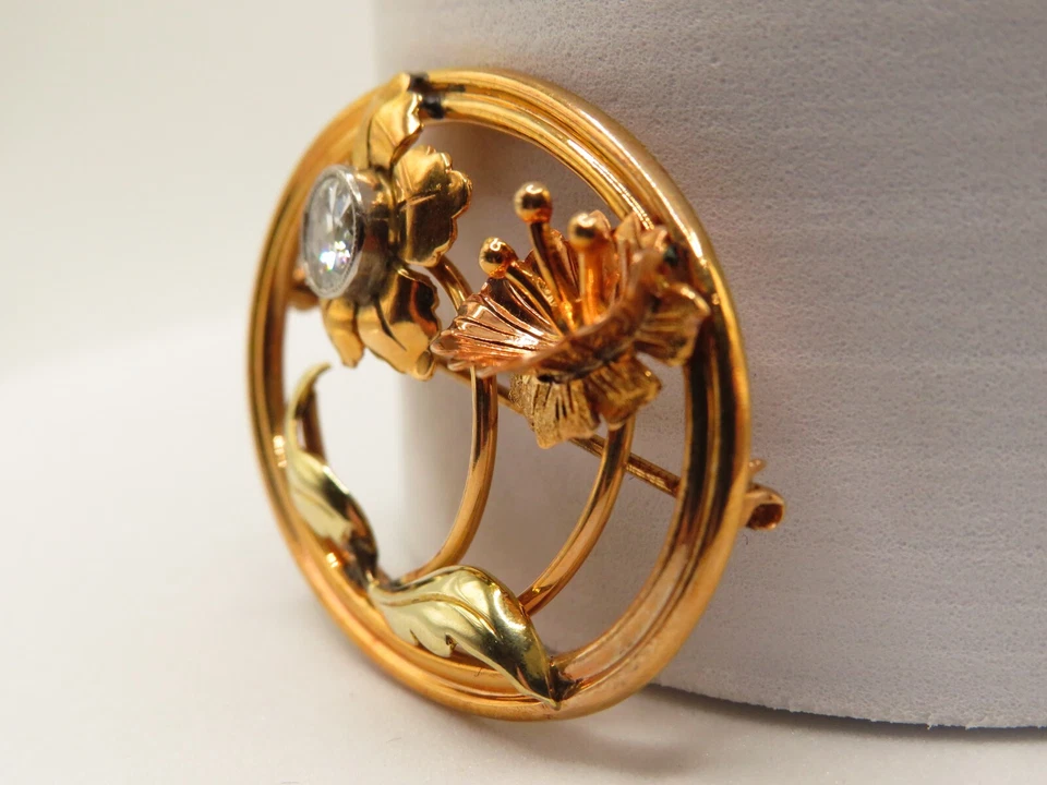PIN FLORAL OVALADO ORO ROSA 10K CON DIAMANTES TALLA EUROPEA ANTIGUA Y DETALLES ORO AMARILLO* Foto 4 de 4