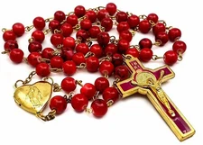 St Benedict Rosary Catholic Necklace Red Glass Beads San Benito Medal & Cross