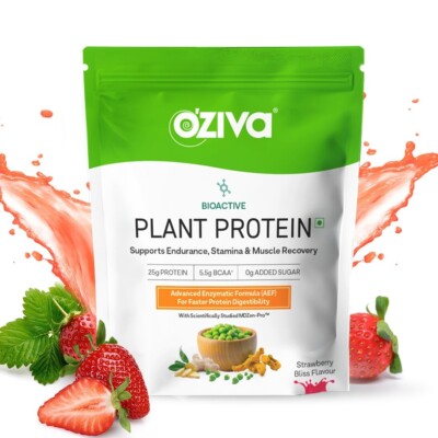OZiva Bioactive Plant Protein  25g Protein,5.5 BCAA| Pea Isolate(Strawberry) 1kg