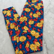 Lularoe OS One Size Leggings Sunflowers Daisies Floral Royal Blue Yellow NWT