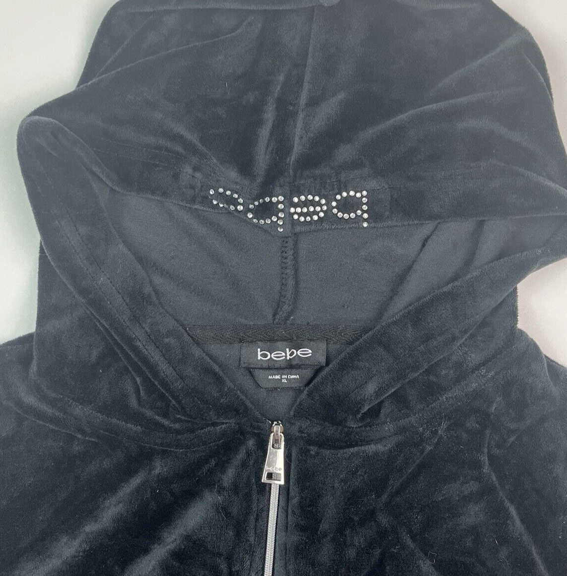 BEBE Y2K Velvet Track Hoodie Jacket XL Black Velour BEBE Y2K Velvet Track Hoodie Jacket XL Black Velour