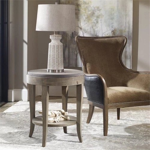 Uttermost Deka Round Contemporary Wood and Concrete Accent Table in Brown - Picture 6 of 7