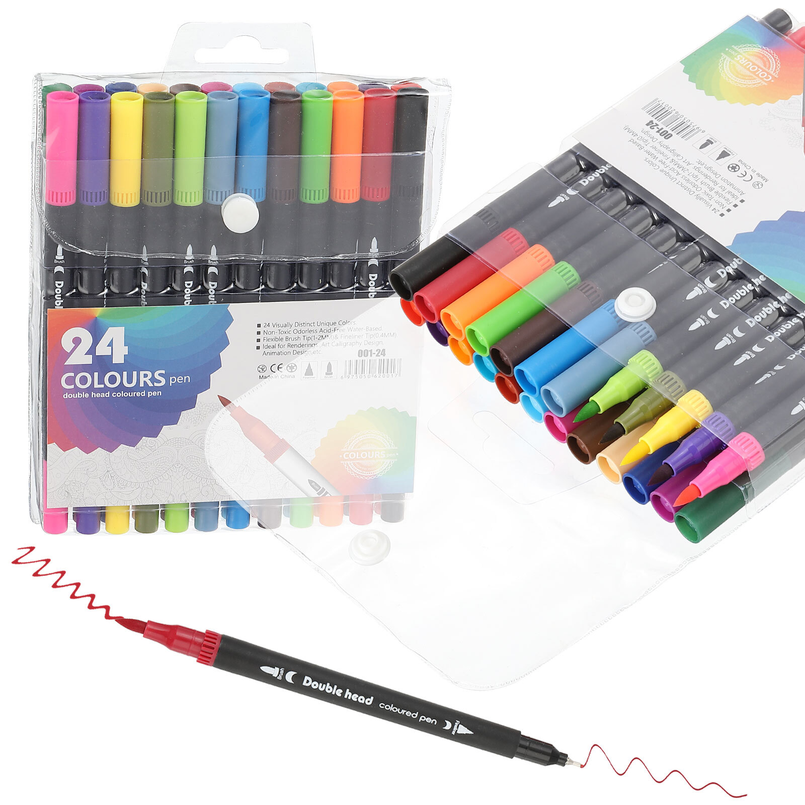 24 Colors Dual Tip Colored Pens with Brush and Fineliner Tip, Black Barrel