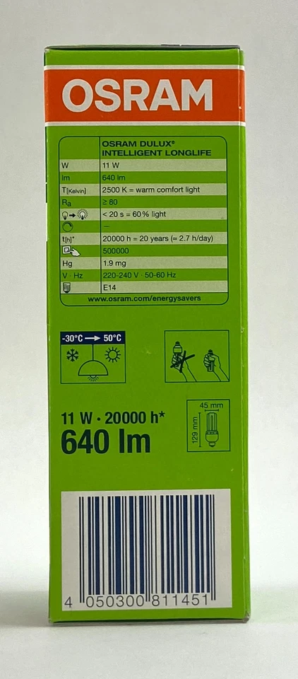 Osram Lamp Dulux Intelligent Energy Saver LongLife White 11W 220-240 V Set of 6 - Image 3 of 3