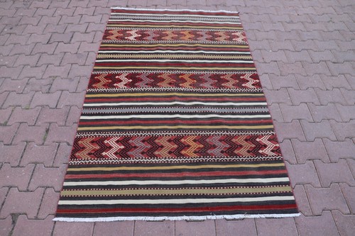 Red Striped Kilim Turkish Hand Knotted Tribal Area Rug Livingroom Carpet 4x6ft