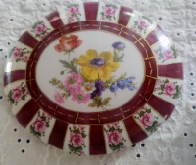 Vintage Elios H&F Hand-Painted Porcelain Floral Jewelry/Trinket Box Plum w/Lid 