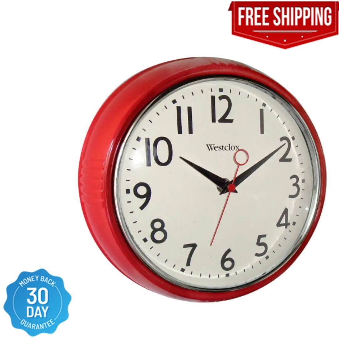 9.5 In. Red Retro Wall Clock | Westclox Kitchen Quartz Round Lens Decoration O
