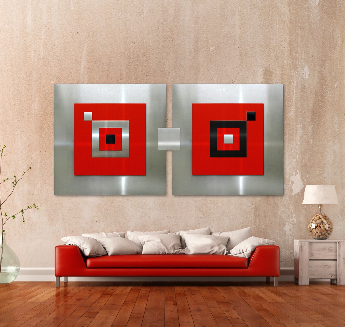KunstLoft 3D Metallbild 'Schönstes Gefühl' – Handgefertigtes Wandbild 90x60x4cm, Grau-Rot, Für Wohnzimmer