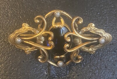 Antique Edwardian Art Nouveau E.I.F Franklin Co Blue Glass Gold Plated Brooch