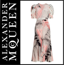 Alexander McQueen Trompe L'Oeil Printed Silk Puff-Sleeve Dress, US0 IT36