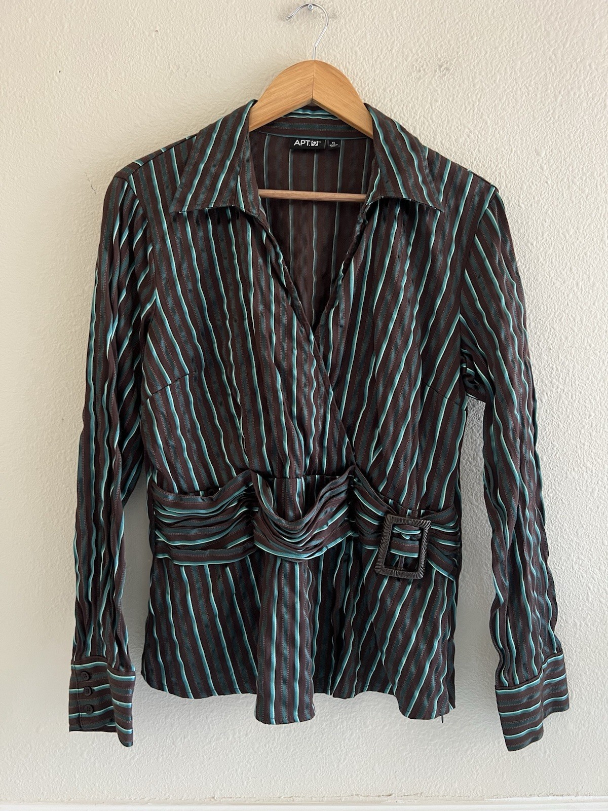 APT.9 Brown Emerald Striped Faux Wrap Belted Top XL Boho Feminine Office Preppy